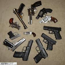 A circle of handguns representing common semi-automatic and revolvers that are commonly purchased and used in the U.S.